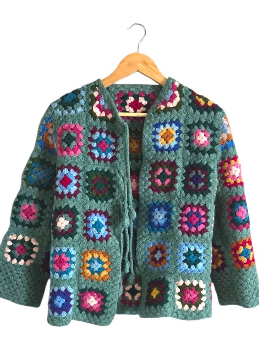 Handmade Crochet Granny Square Wool Knit Cardigan Size Medium Boho Hippie